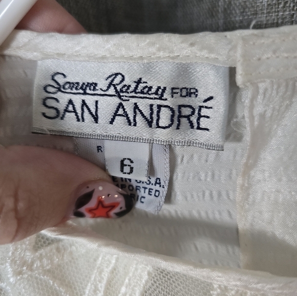 Vintage 90’s San Andre Satin Ivory Blouse Victorian Woven Lace Trim Collar Sz 6 - Picture 4 of 5